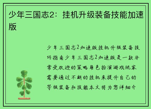 少年三国志2：挂机升级装备技能加速版